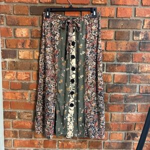 Nostalgia womens mixed print button front boho retro maxi skirt green S